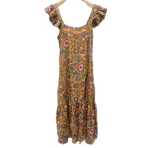 House Of Harlow 1960 Gold Floral Flutter Sleeve Ruffled Bottom Maxi Dress XS